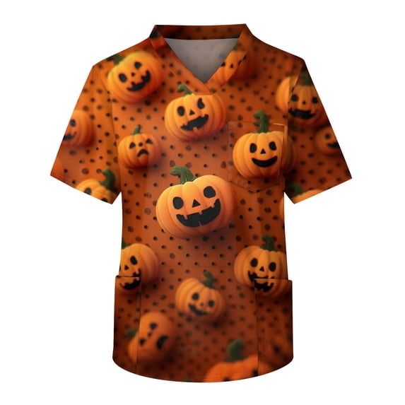 Men's Halloween Scrub Tops V-Neck Short Sleeve Ghost and Floral Print Medical Uniform Shirt with Chest Pocket Soft Pullover Workwear for Nurse Earthy Yellow 4XL