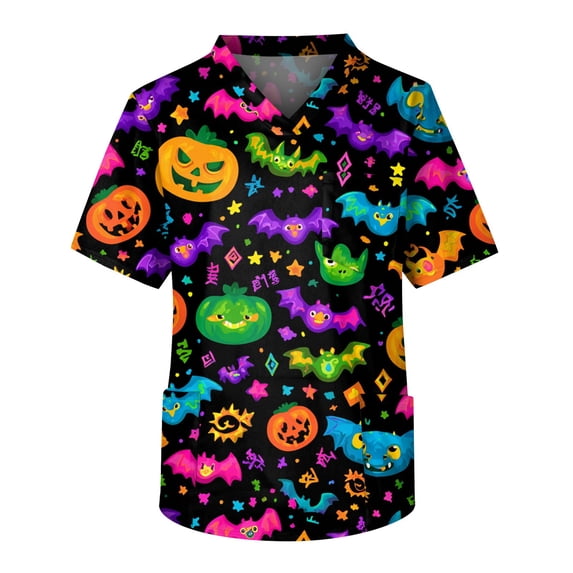 Men's Halloween Print Scrub Tops Short Sleeve V-Neck Chest Pocket Ghost Floral Halloween Print Medical Nurse Uniform Shirts for Men Clinic Vet Dental Purple B L