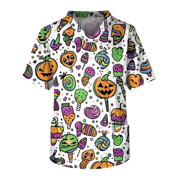 Men's Halloween Scrub Tops V-Neck Short Sleeve Pumpkin Bat Haunted House Moon Print Medical Uniform Shirt with Chest Pocket Pullover Workwear for Nurse Light Green L