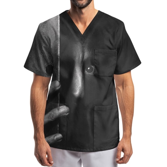 Men's Halloween Print Scrub Tops Short Sleeve V-Neck Chest Pocket Dark Shadow Halloween Graphic Medical Work Tunic Shirts for Male Care Nurses Dark Gray B 4XL