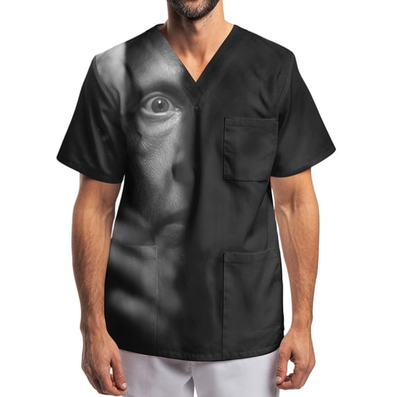 Men's Halloween Print Scrub Tops Short Sleeve V-Neck Chest Pocket Dark Shadow Halloween Graphic Medical Work Tunic Shirts for Male Care Nurses Gray B XL