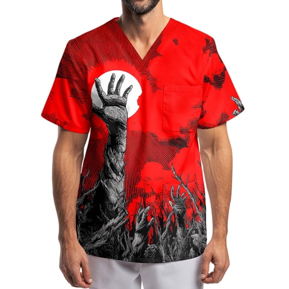 Men's Halloween Print Scrub Tops Short Sleeve V-Neck Chest Pocket Dark Shadow Halloween Graphic Medical Work Tunic Shirts for Male Care Nurses Vermilion B S