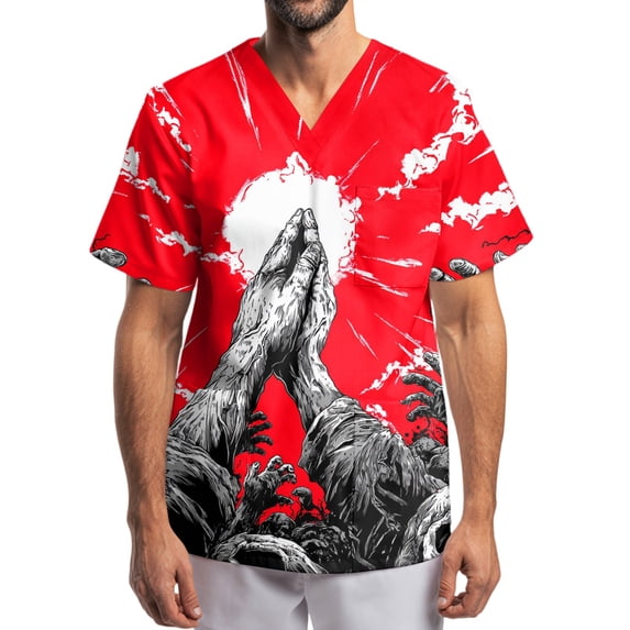 Men's Halloween Print Scrub Tops Short Sleeve V-Neck Chest Pocket Dark Shadow Halloween Graphic Medical Work Tunic Shirts for Male Care Nurses White B 5XL