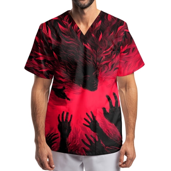 Men's Halloween Print Scrub Tops Short Sleeve V-Neck Chest Pocket Dark Shadow Halloween Graphic Medical Work Tunic Shirts for Male Care Nurses Wine B 3XL