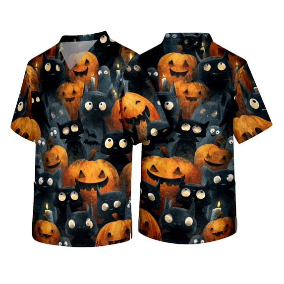 Men's Halloween Scrubs Top Spooky Print Short Sleeve Nurse Working Uniforms 2026 Halloween Medical Plus Size Scrub T Shirts