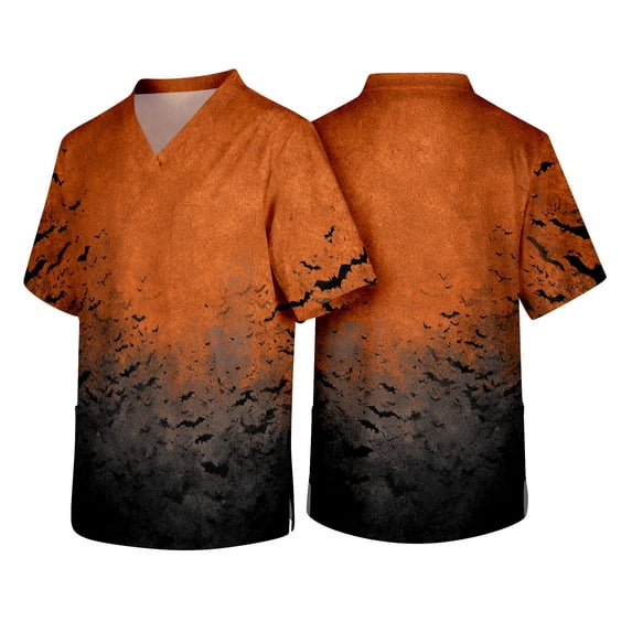 Men's Halloween Scrubs Top V Neck Short Sleeve Tops Novelty Pumpkin Printed Plus Size Nursing Uniforms Halloween Scrub Tops with Pockets