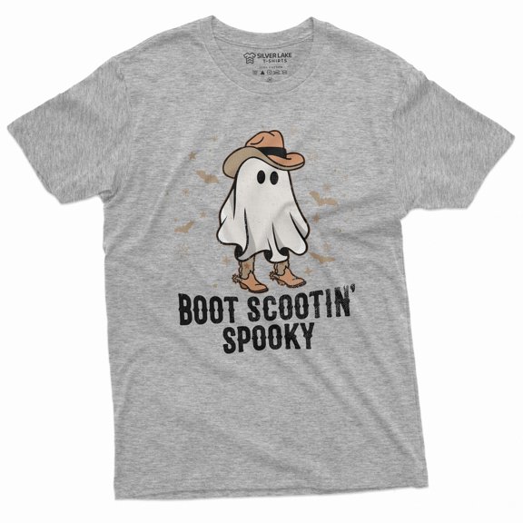 Men's Halloween Shirt Boot Scootin Spooky Shirt Funny Halloween Tee Cowboy Ghost Shirt (Small Grey)