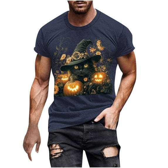 Men's Halloween Shirt Crewneck Halloween Silhouette Patterns Short Sleeve T-Shirt Funny Pumpkins House Top