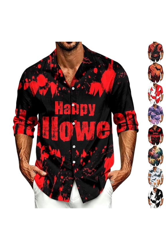 Men's Halloween Shirts Bat Spider Graphic Long Sleeve Casual Costumes Witch Hat Quick Dry Print Henley Fall Novelty Shirt 3XL