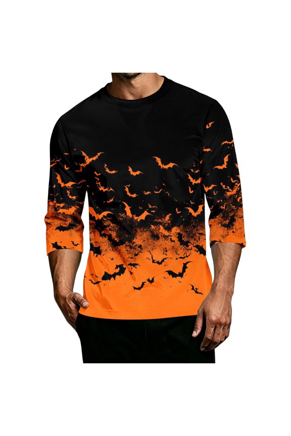 Men's Halloween Shirts Casual Funny Pumpkin Print Loose 3/4sleeve Crew-Neck T Shirts 2026 New Trendy Comfortable Vintage Lightweight Tops Orange XXXL