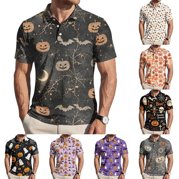 Men's Halloween Shirts Ghost Pumpkin Graphic Henley Vintage Tees Candy Print Short Sleeve Casual Horror T Shirt 2XL