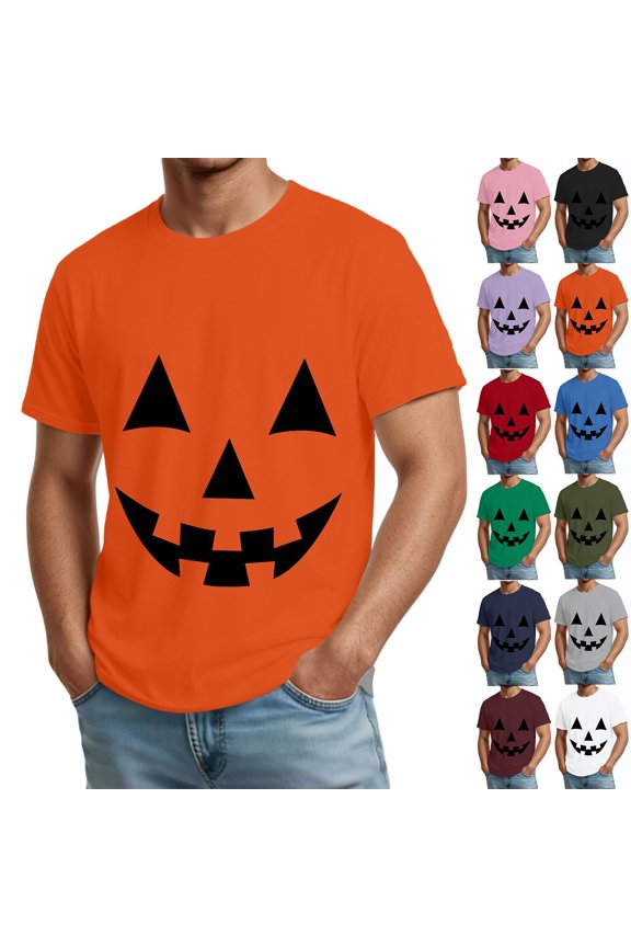 Men's Halloween Shirts Pumpkin Witch Hat Graphic Crew Neck Spooky T Shirt Skeleton Print Short Sleeve Fall Vintage Tees 2XL