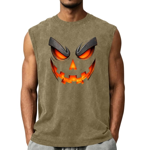 Men's Halloween Shirts Vintage Distressed Washed Funny Bat Printed Sleeveless Crew Neck T Shirts 2026 New Stylish Pullover Sporty Outfits Army Green L