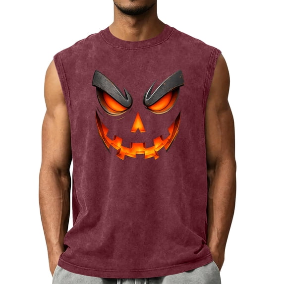 Men's Halloween Shirts Vintage Distressed Washed Spooky Graphic Sleeveless Crew Neck Tee Shirts 2026 New Trendy Pullover Sporty Clothes Wine XXL
