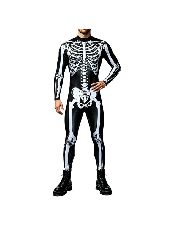 Men's Halloween Skeleton Bodysuit, 3D Bone Print Clothes, Long Sleeve Jumpsuit, S-4XL