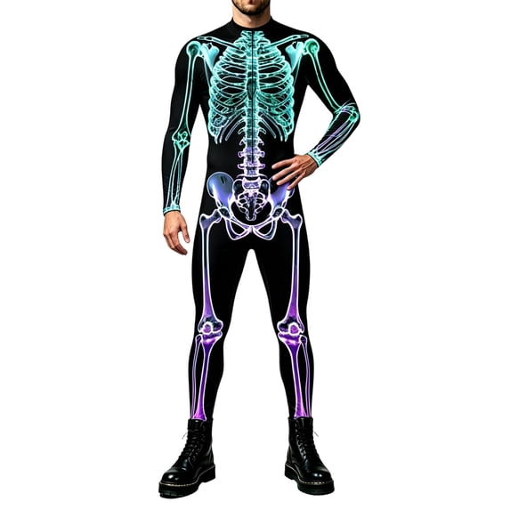 Men's Halloween Skeleton Bodysuit, 3D Bone Print Clothes, Long Sleeve Jumpsuit, S-4XL