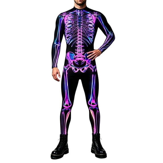 Men's Halloween Skeleton Bodysuit, 3D Bone Print Clothes, Long Sleeve Jumpsuit, S-4XL