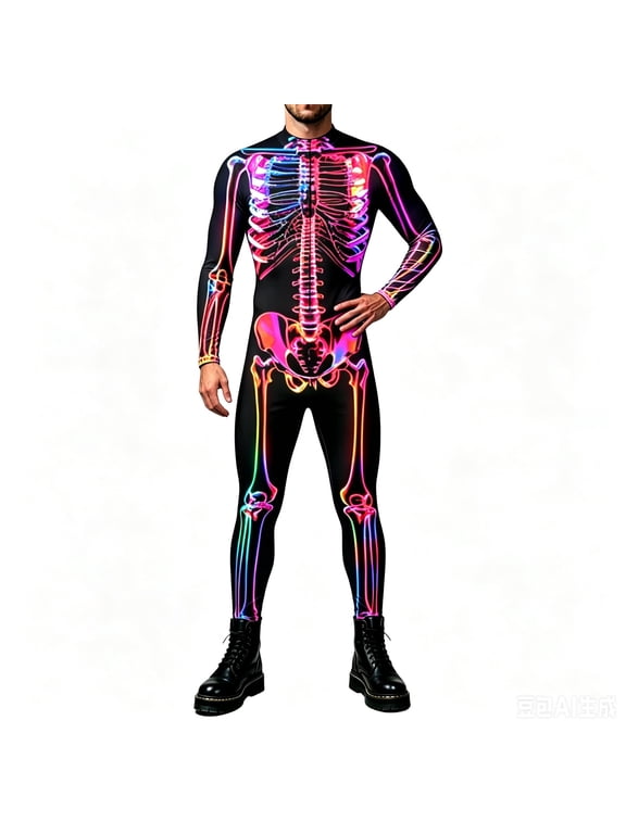 Men's Halloween Skeleton Bodysuit, 3D Bone Print Clothes, Long Sleeve Jumpsuit, S-4XL