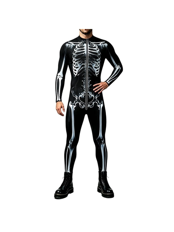Men's Halloween Skeleton Bodysuit, 3D Bone Print Clothes, Long Sleeve Jumpsuit, S-4XL