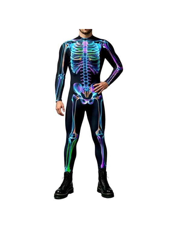 Men's Halloween Skeleton Bodysuit, 3D Bone Print Clothes, Long Sleeve Jumpsuit, S-4XL