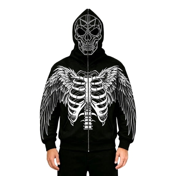 Men's Halloween Skeleton Full Zip Hoodie Bone Print Drawstring Sweatshirt Party Top