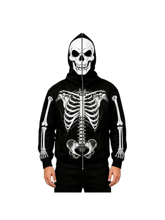 Men's Halloween Skeleton Full Zip Hoodie Bone Print Drawstring Sweatshirt Party Top