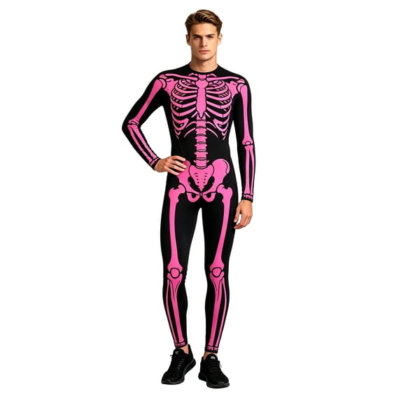 Men's Halloween Skeleton Jumpsuit Tight Fit Bodysuit,Long Sleeve Bodysuit for Performance Dress Up Party Onesie