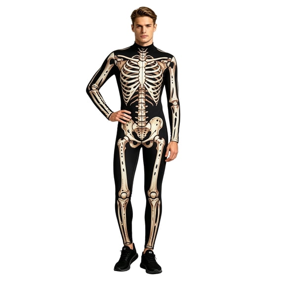 Men's Halloween Skeleton Jumpsuit Tight Fit Bodysuit,Long Sleeve Bodysuit for Performance Dress Up Party Onesie