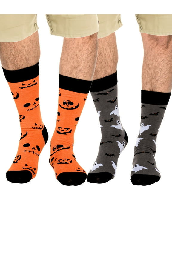 Men's Halloween Socks Jack O'Lanterns & Bats Ghosts 2-Pairs Size 10-13