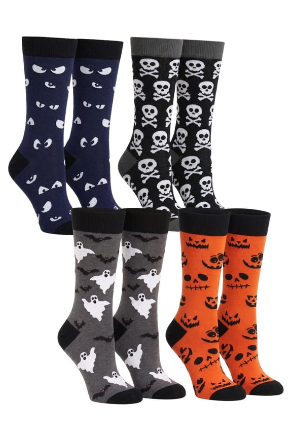 Men's Halloween Socks Jack O' Lanterns Bats Spooky Eyes Skulls 4-Pair Set