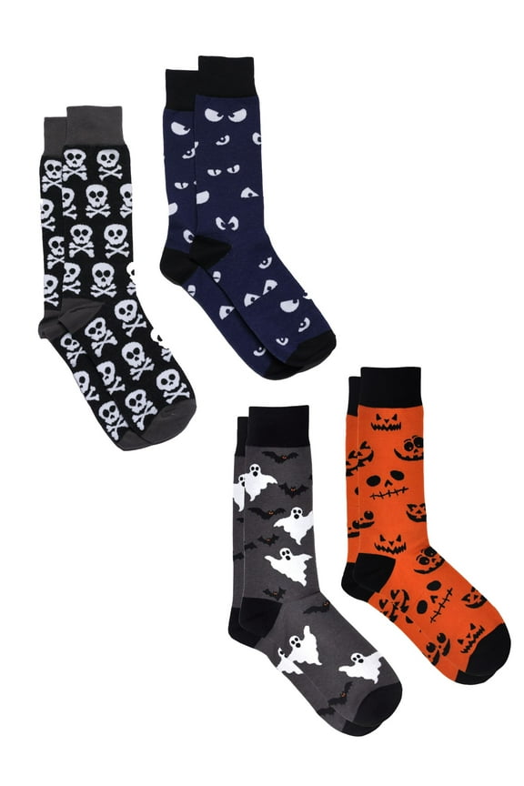 Men's Halloween Socks Jack O' Lanterns Bats Spooky Eyes Skulls 4-Pair Set