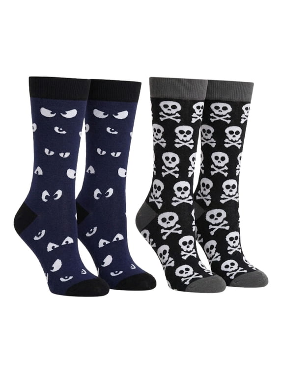 Men's Halloween Socks Spooky Eyes & Skull and Crossbones Glow in the Dark 2-Pack