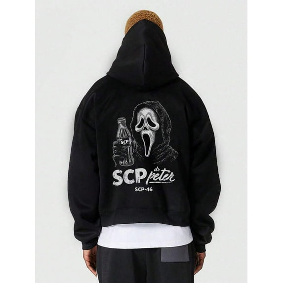 Men's Halloween Streetwear Hoodie, Vintage Scream Ghost Face & SCP-46 Bottle Graphic Back Print, Dark Aesthetic Pullover Hooded Sweatshirt