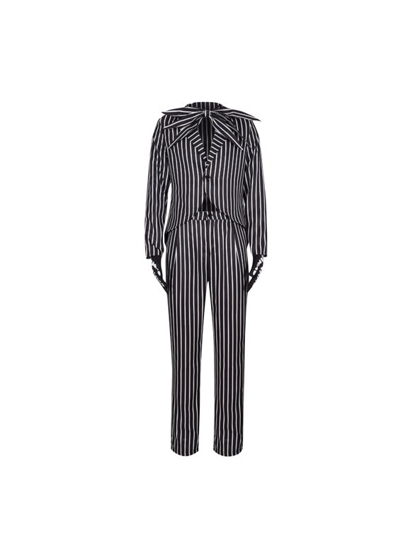 Men's Halloween Striped Skeleton Suit Costume Gothic Nightmare Cosplay Tuxedo Outfit with Gloves for Adult Fancy Dress Party
