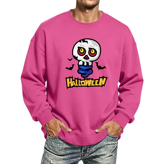 Men's Halloween Sweatshirt Ghost Pumpkin Graphic Casual Long Sleeve Spooky Pullover Sweatshirts New Stylish Comfortable T Shirts Hot Pink S