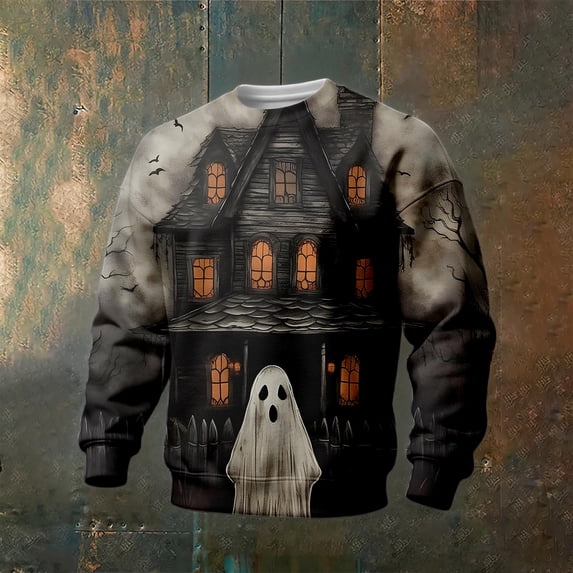Men's Halloween Sweatshirt Haunted House Pullover Long Sleeve Scary Ghost Pumpkin Shirt Casual Spooky Graphic Top Black L