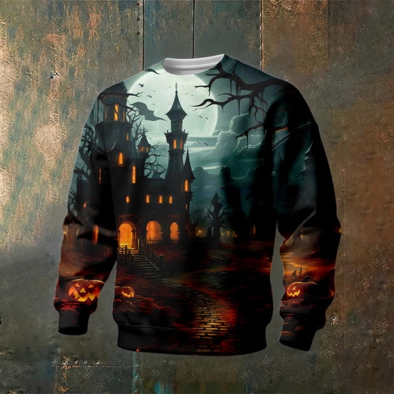 Men's Halloween Sweatshirt Haunted House Pullover Long Sleeve Scary Ghost Pumpkin Shirt Casual Spooky Graphic Top Navy 4XL