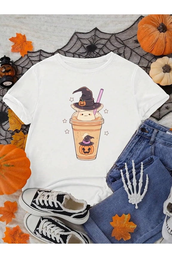 Men's Halloween T-Shirt - Cute Pumpkin Witch Latte Cup Graphic Tee, Beige Background - Plus Size Up To 3XL - Casual Halloween Party Outfit - Machine Washable Everyday Fall Top, Halloween Clothes