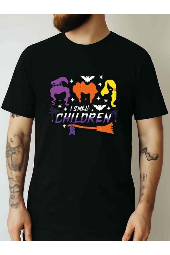 Men's Halloween T-Shirt - Funny "I Smell Children" Witch Design - Heavyweight 180gsm Cotton Crew Neck Tee - Spooky Party Costume Everyday Shirt - Machine Washable Horror Comedy Apparel for Adults, H