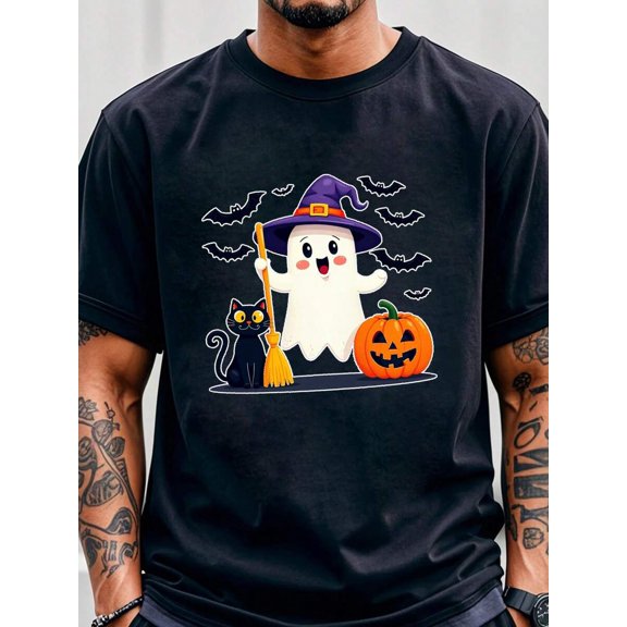 Men's Halloween T-Shirt - Playful Ghost With Witch Hat, Black Cat, Jack-O'-Lantern Pumpkin & Flying Bats Graphic Tee - Casual Crew Neck, Ultra-Soft Cotton Blend