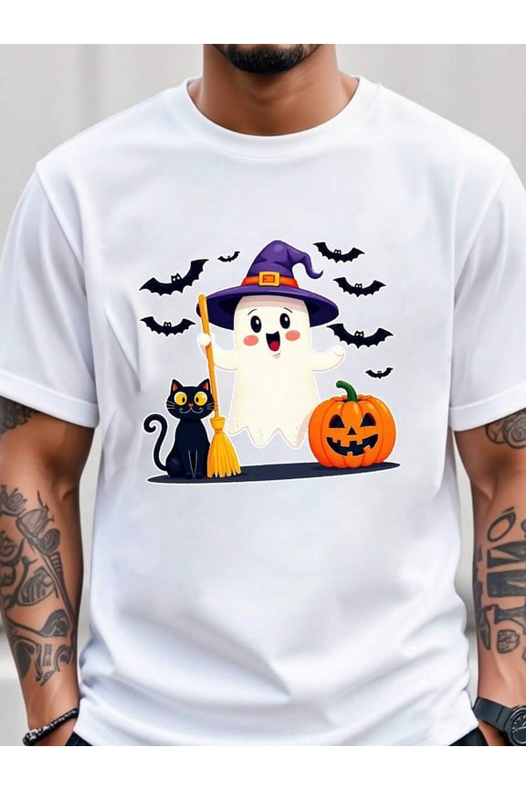 Men's Halloween T-Shirt - Playful Ghost With Witch Hat, Black Cat, Jack-O'-Lantern Pumpkin & Flying Bats Graphic Tee - Casual Crew Neck, Ultra-Soft Cotton Blend