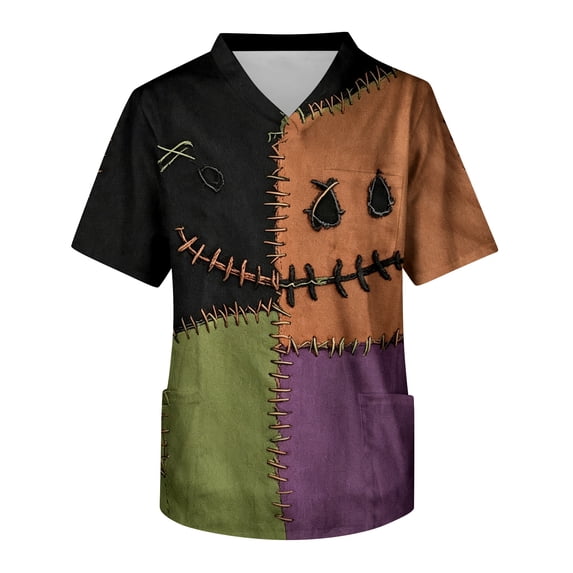 Men's Halloween T-Shirts Short Sleeve Spooky Pumpkin V Neck T Shirt Comfy Casual Nursing Workwear with Pockets Green XXL