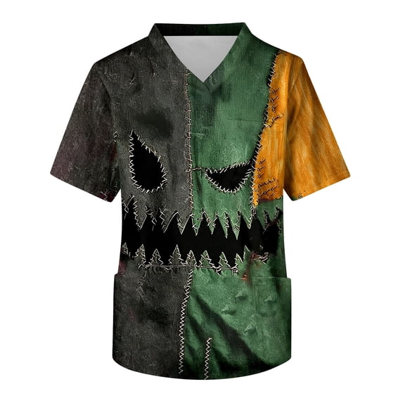 Men's Halloween T-Shirts Short Sleeve Spooky Pumpkin V-Neck Workwear Comfy Casual Nursing Work Top with Pockets Green 4XL
