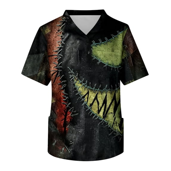 Men's Halloween T-Shirts V-Neck Funny Spooky Novelty Short Sleeve Workwear Lightweight Retro Working Nurse Top with Pockets Green 3XL