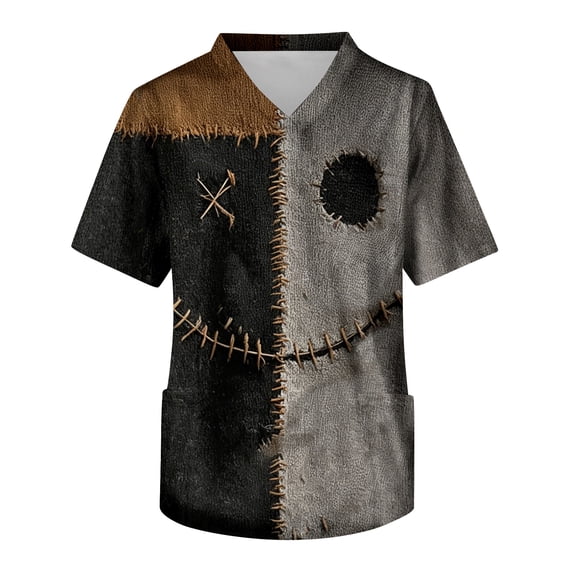 Men's Halloween T-Shirts V-Neck Horror Rag Patch V Neck Tees Fashion Loose Fit Nursing Work T Shirt with Pockets Dark Gray 3XL