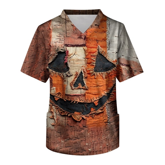 Men's Halloween T-Shirts V-Neck Spooky Jack O Lantern Short Sleeve Shirts Soft Retro Nursing Work Tees with Pockets Saffron S