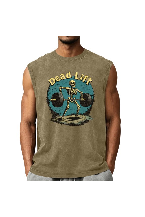 Men's Halloween Themed Shirts Vintage Distressed Washed Ghost Printed Sleeveless Crew Neck Shirts 2026 New Trendy Pullover Sporty Outfits Army Green XXL