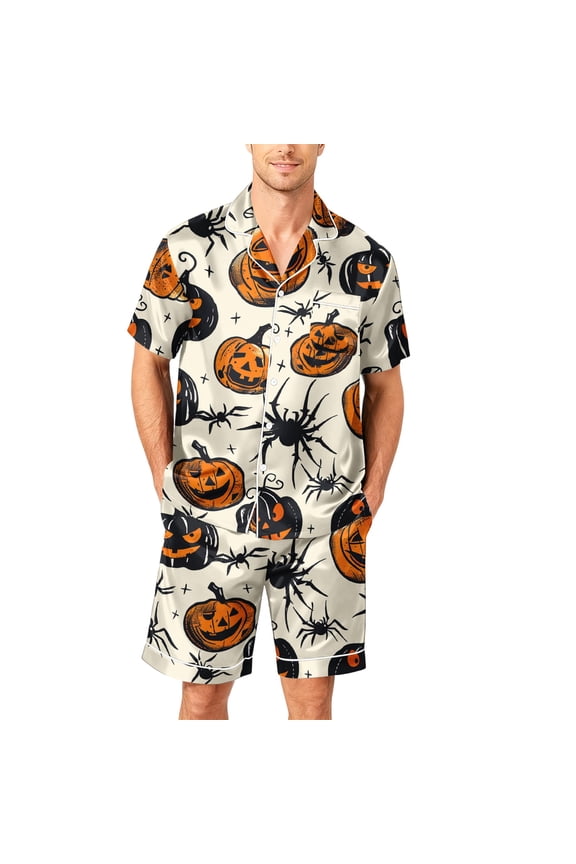 Men's Halloween Two Piece Pajama Set Funny Bat Graphic Casual Short Sleeve Button-Up Collared Shirts and Shorts Stylish Comfortable Clothing White M