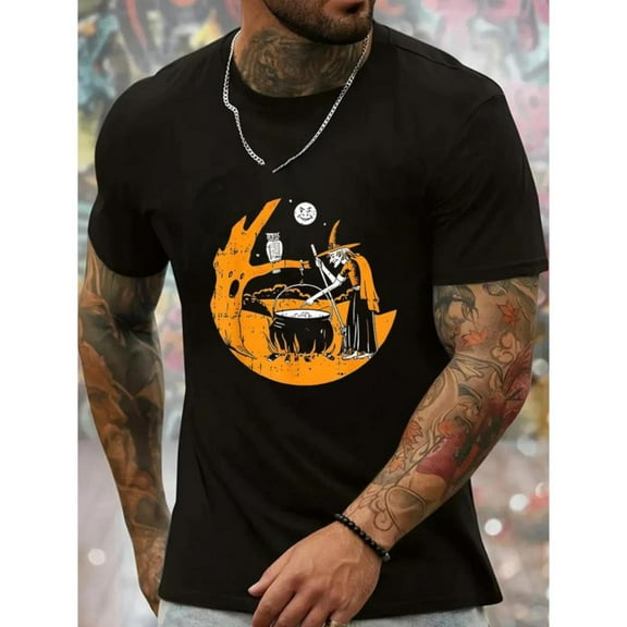 Men's Halloween Witch T-Shirt, Graphic Tee Tops，Retro Horror Witch Cauldron Full Moon Design, Crew neck Tee，Casual，cotton，black，S-5XL