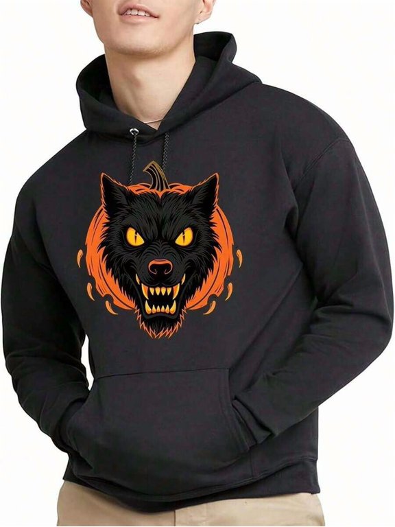 Men's "Halloween Wolf Pumpkin" Halloween Wolf Pumpkin Graphic Hoodie - Long Sleeve, Comfortable Fit, Multiple Sizes, Stylish Print, Perfect For Casual Outings & Daily Wear